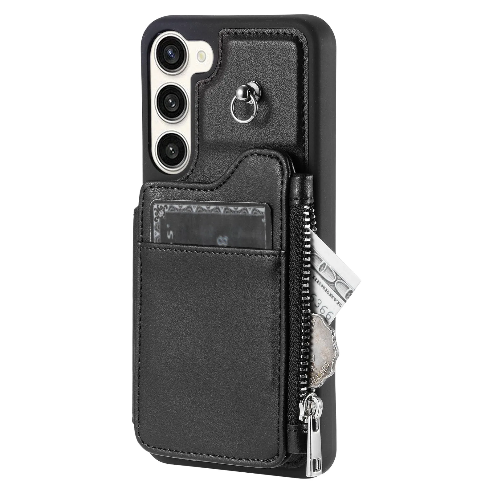 009 Zipper Wallet Case for Samsung Galaxy S23  , RFID Blocking PU Leather Coated TPU Kickstand Phone Cover with Straps