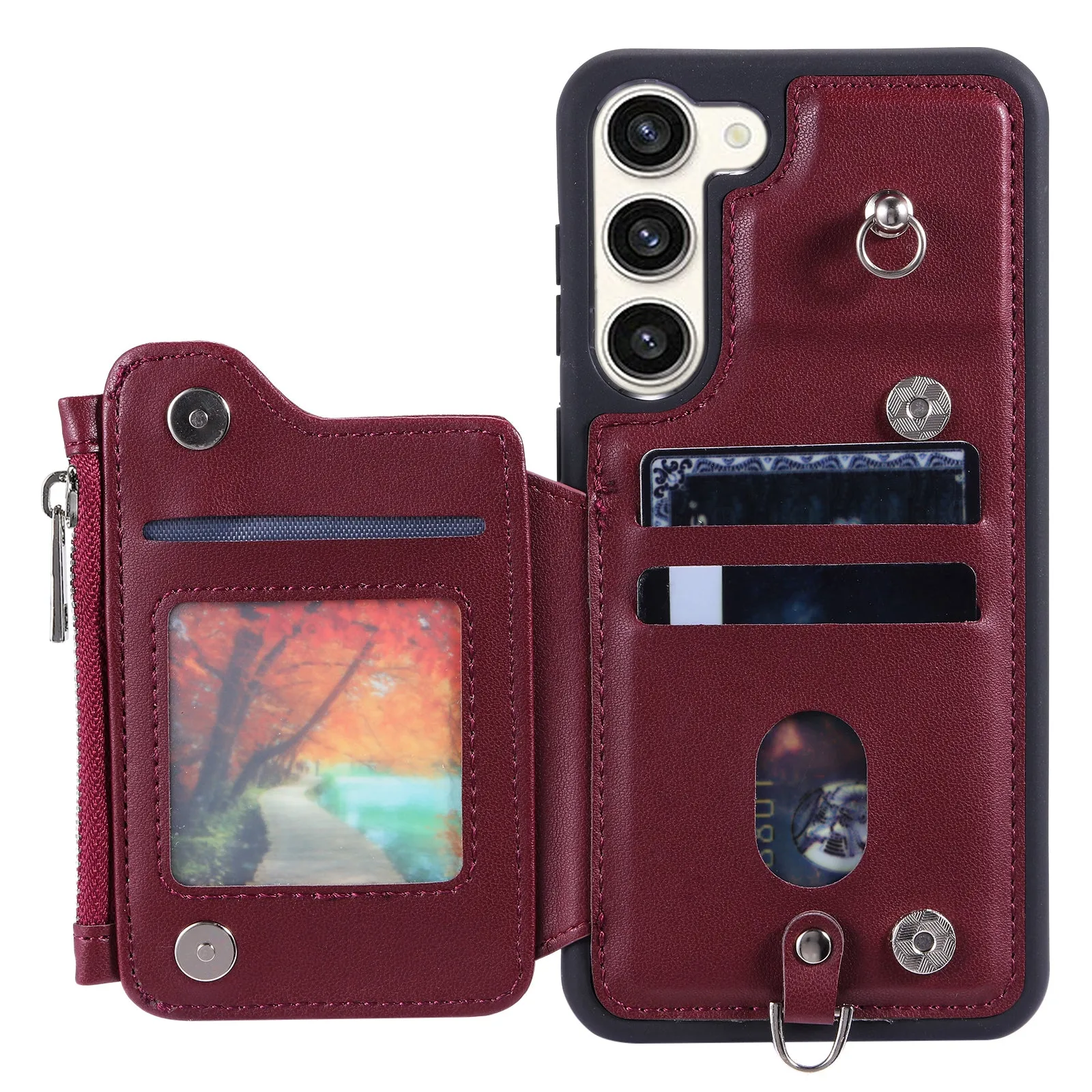 009 Zipper Wallet Case for Samsung Galaxy S23  , RFID Blocking PU Leather Coated TPU Kickstand Phone Cover with Straps