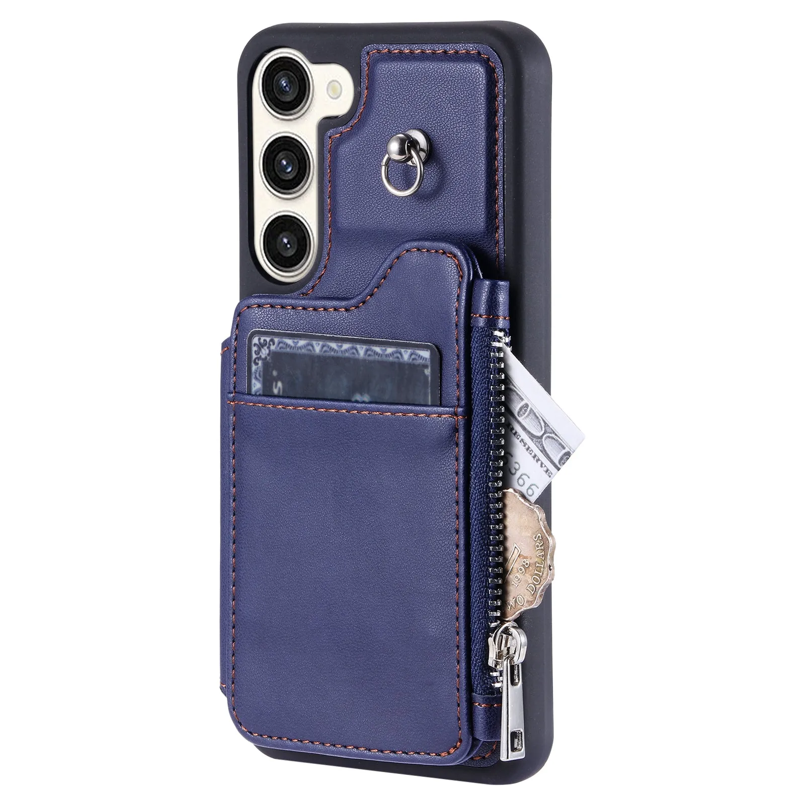 009 Zipper Wallet Case for Samsung Galaxy S23  , RFID Blocking PU Leather Coated TPU Kickstand Phone Cover with Straps