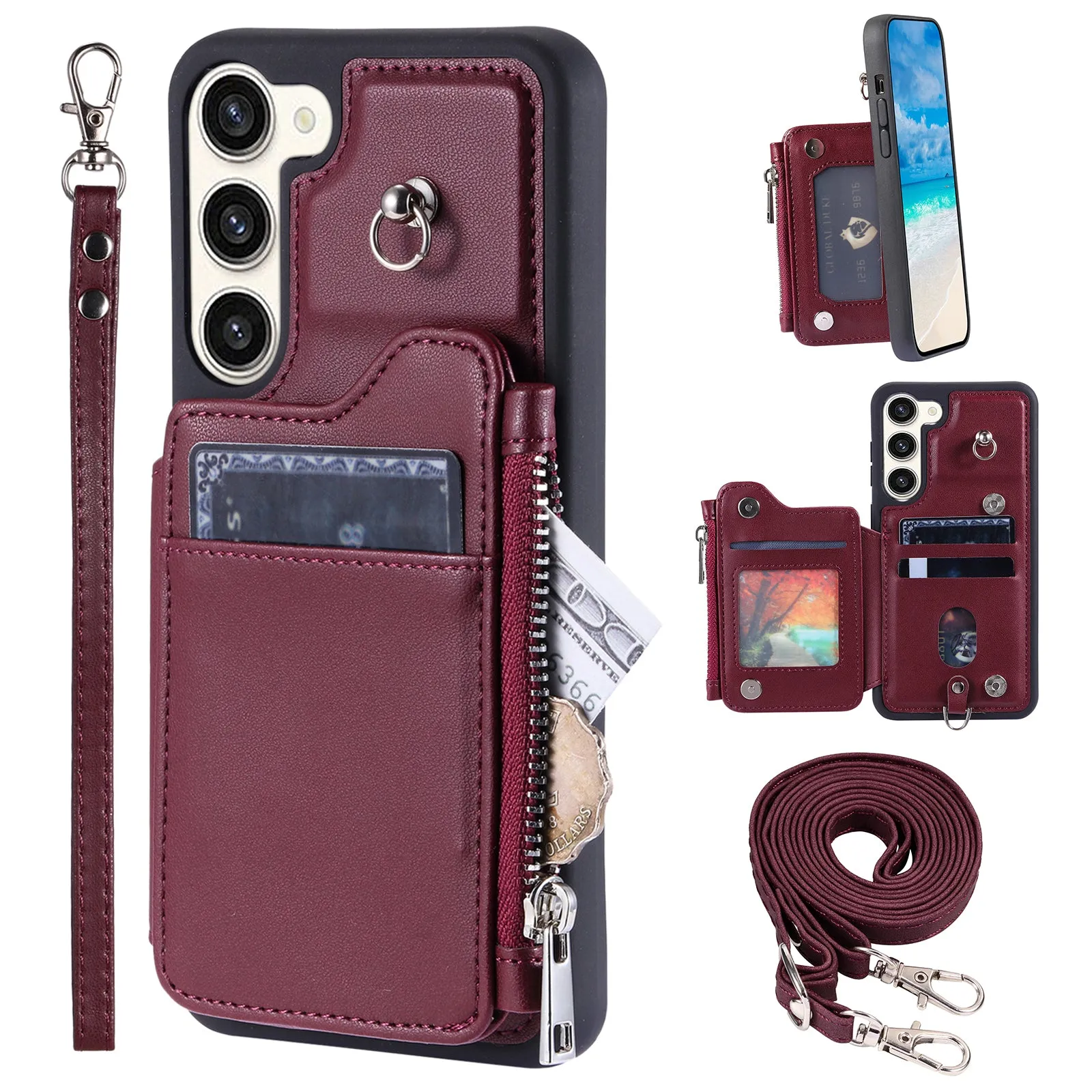 009 Zipper Wallet Case for Samsung Galaxy S23  , RFID Blocking PU Leather Coated TPU Kickstand Phone Cover with Straps