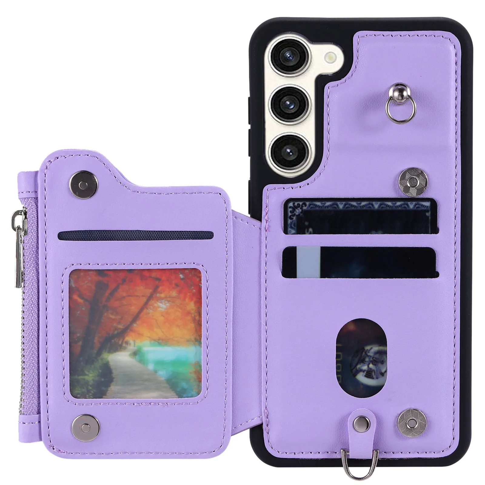 009 Zipper Wallet Case for Samsung Galaxy S23  , RFID Blocking PU Leather Coated TPU Kickstand Phone Cover with Straps