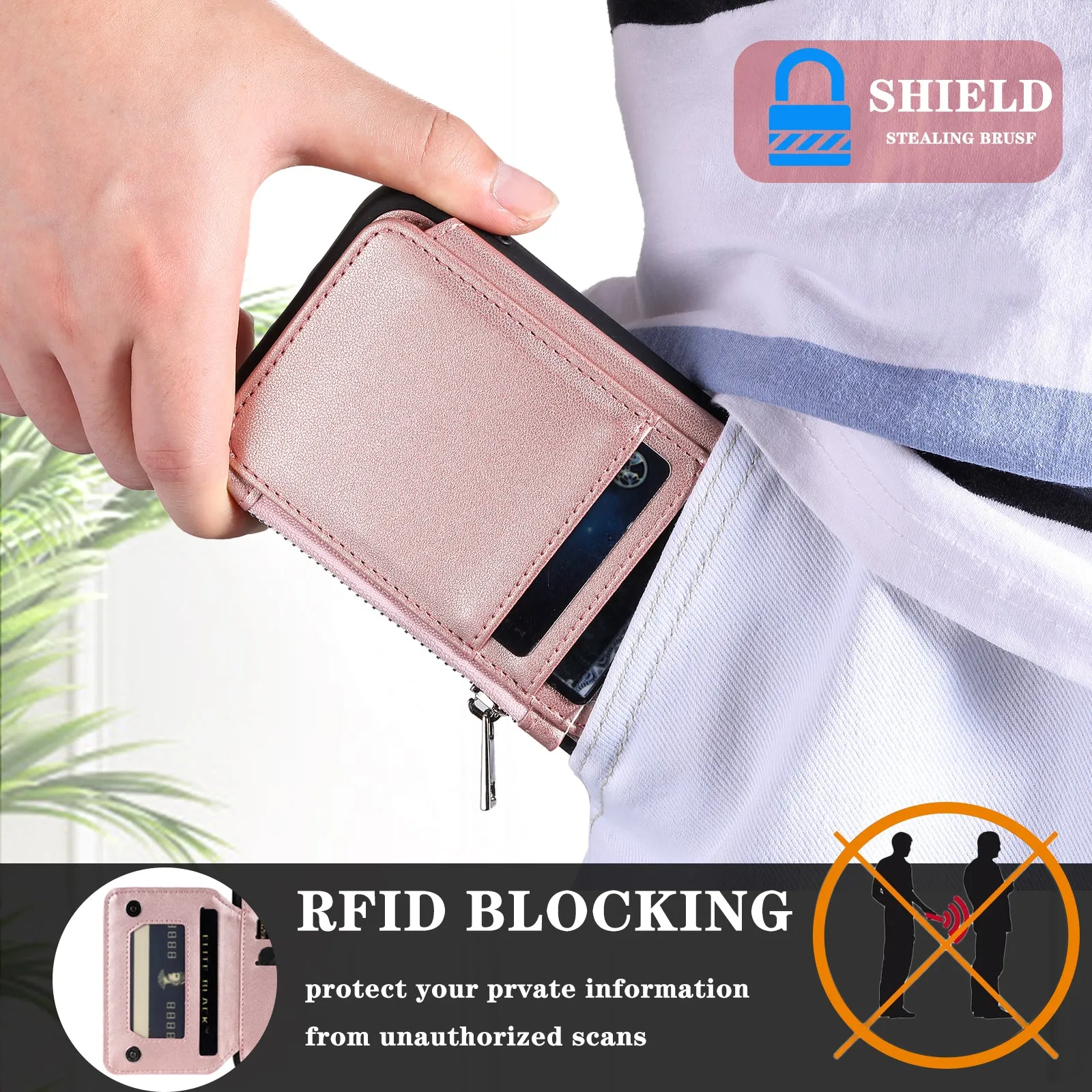 009 Zipper Wallet Case for Samsung Galaxy S23  , RFID Blocking PU Leather Coated TPU Kickstand Phone Cover with Straps