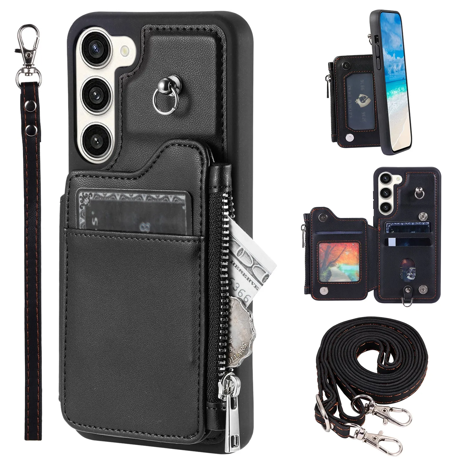 009 Zipper Wallet Case for Samsung Galaxy S23  , RFID Blocking PU Leather Coated TPU Kickstand Phone Cover with Straps