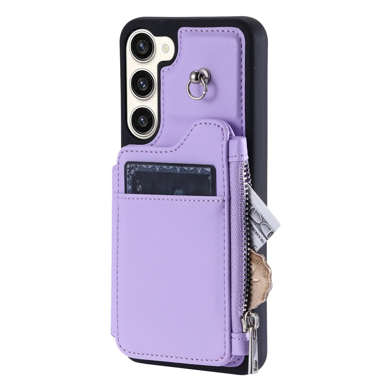 009 Zipper Wallet Case for Samsung Galaxy S23  , RFID Blocking PU Leather Coated TPU Kickstand Phone Cover with Straps