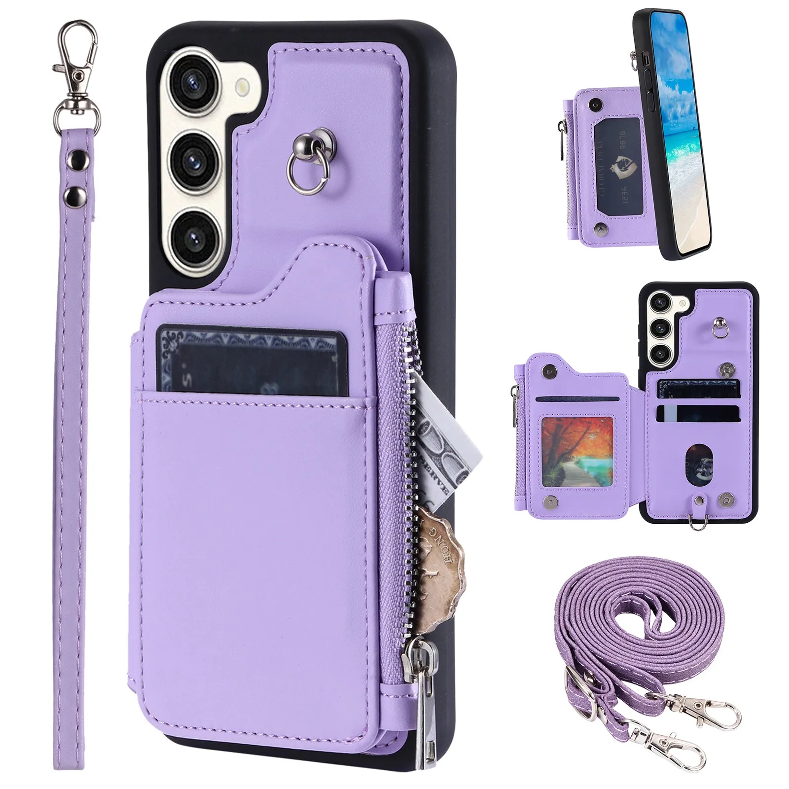 009 Zipper Wallet Case for Samsung Galaxy S23  , RFID Blocking PU Leather Coated TPU Kickstand Phone Cover with Straps