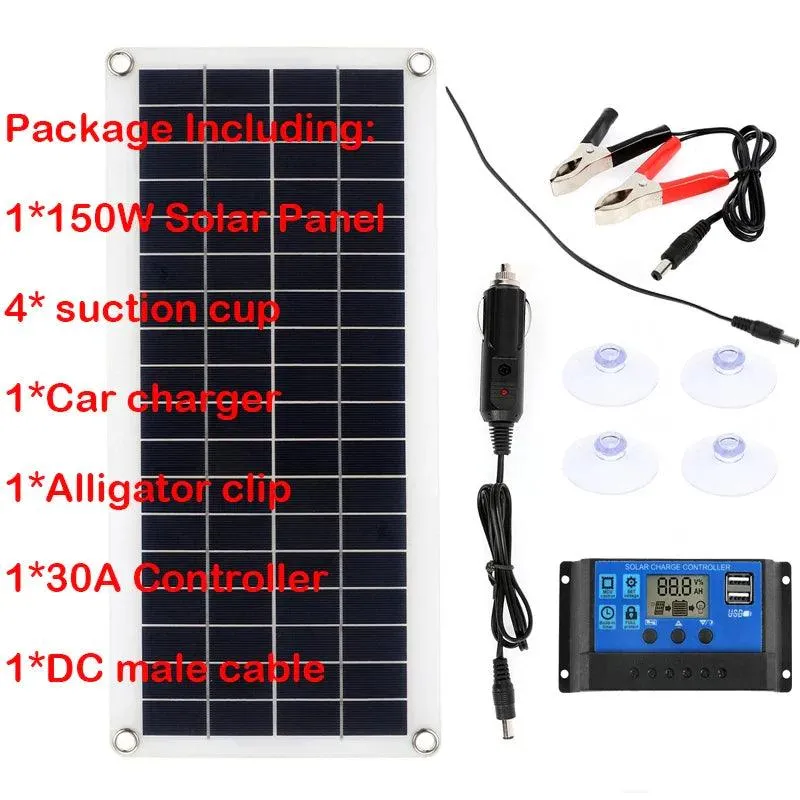 150W/300W Solar Panel Charging Kit with Dual USB Ports and 30A/60A Controller for RVs, Cars, and Mobile Devices