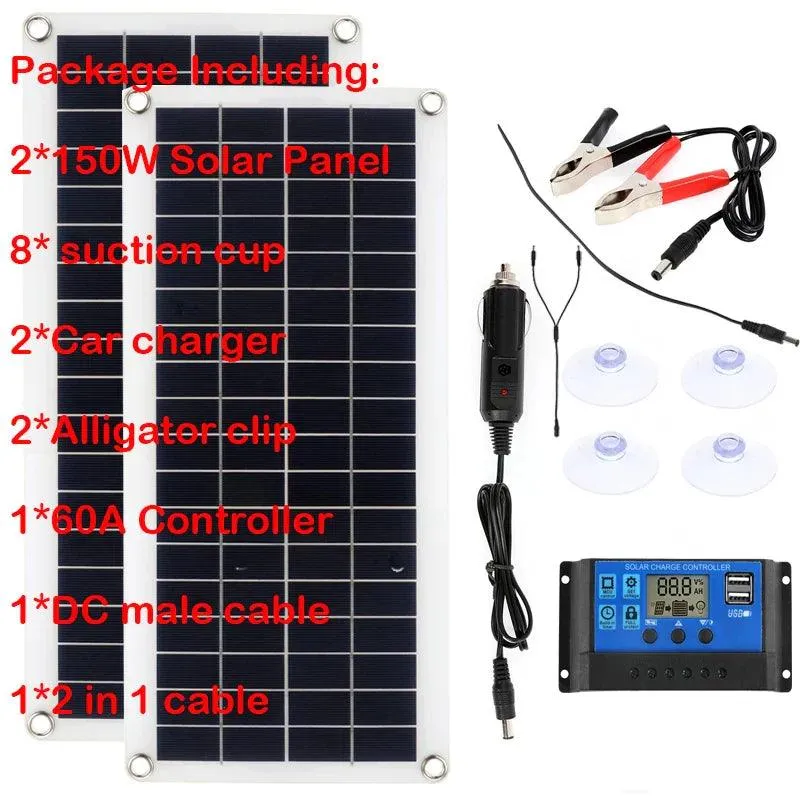 150W/300W Solar Panel Charging Kit with Dual USB Ports and 30A/60A Controller for RVs, Cars, and Mobile Devices