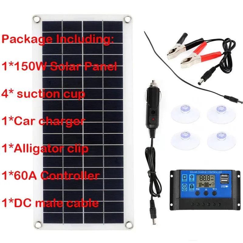 150W/300W Solar Panel Charging Kit with Dual USB Ports and 30A/60A Controller for RVs, Cars, and Mobile Devices