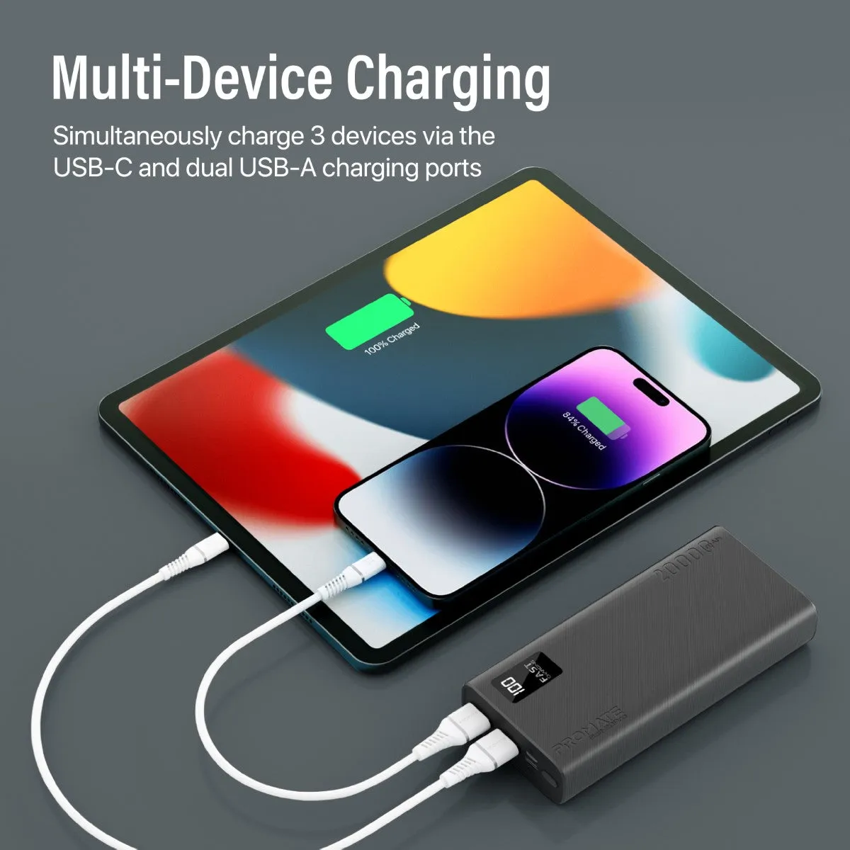 20000mAh Compact Smart Charging Power Bank with Dual USB-A & USB-C Output