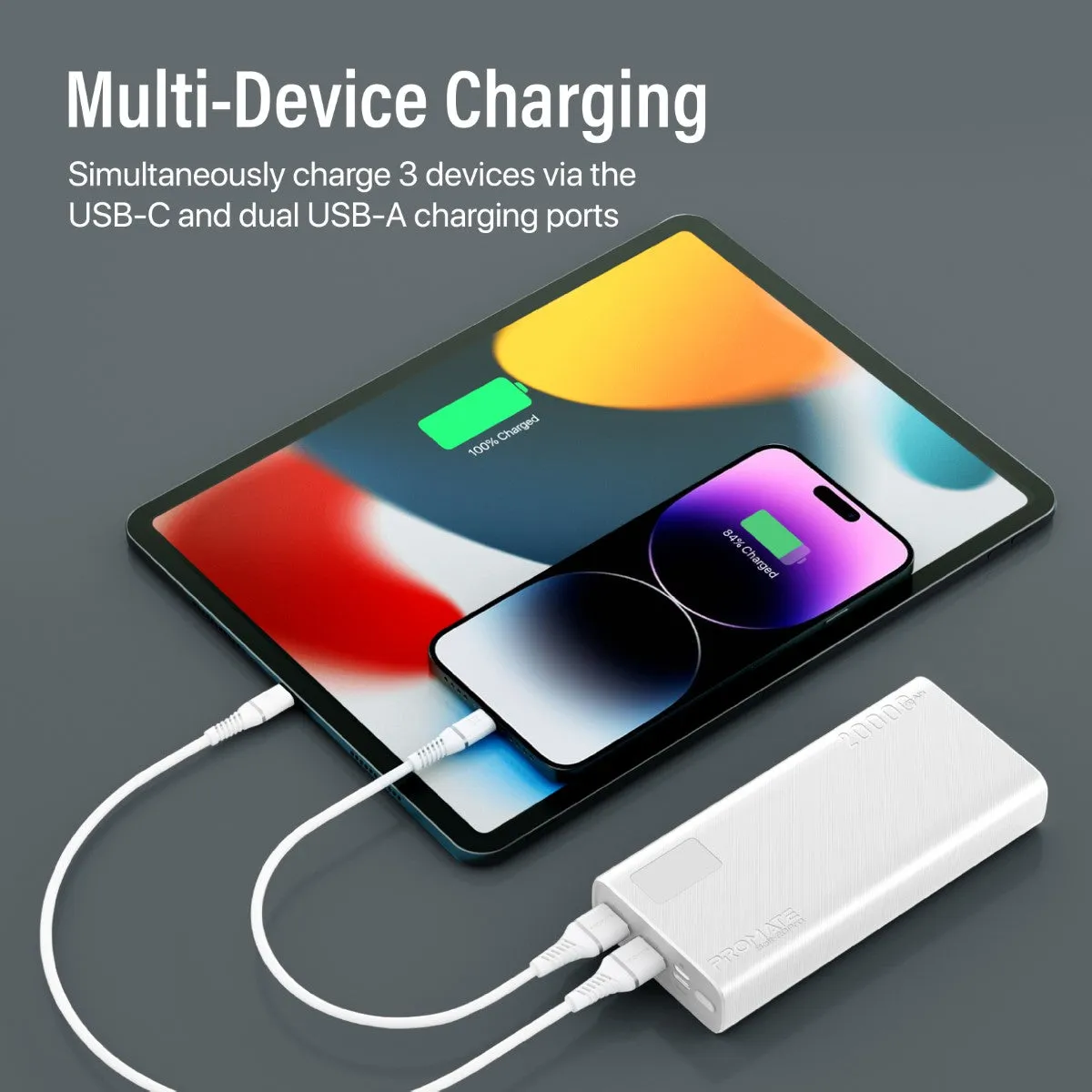 20000mAh Compact Smart Charging Power Bank with Dual USB-A & USB-C Output