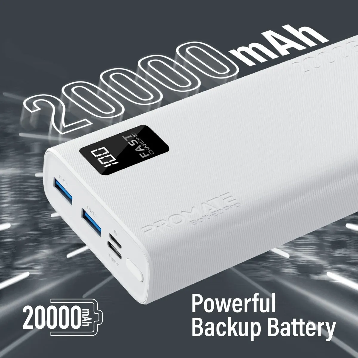 20000mAh Compact Smart Charging Power Bank with Dual USB-A & USB-C Output