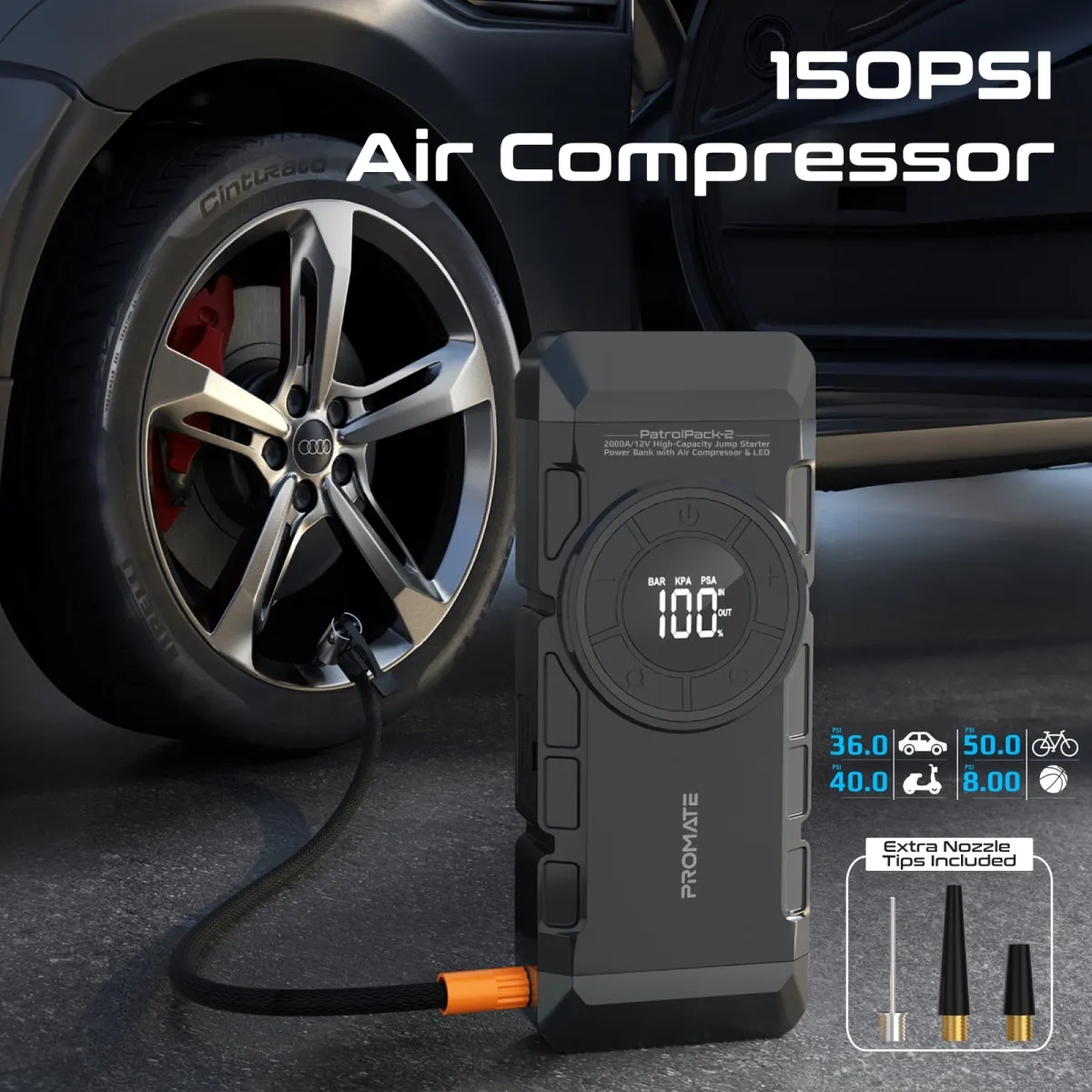 2000A/12V High-Capacity Jump Starter Power Bank with Air Compressor & LED Flashlight