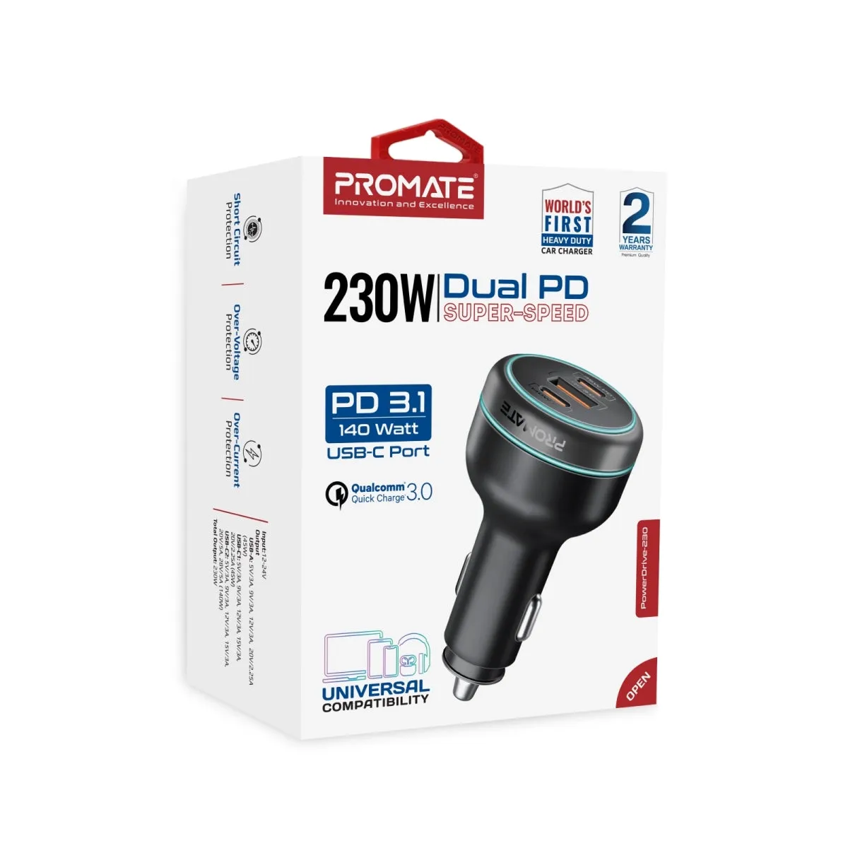 230W RapidCharge™ Car Charger with Dual Power Delivery and Quick Charge Ports