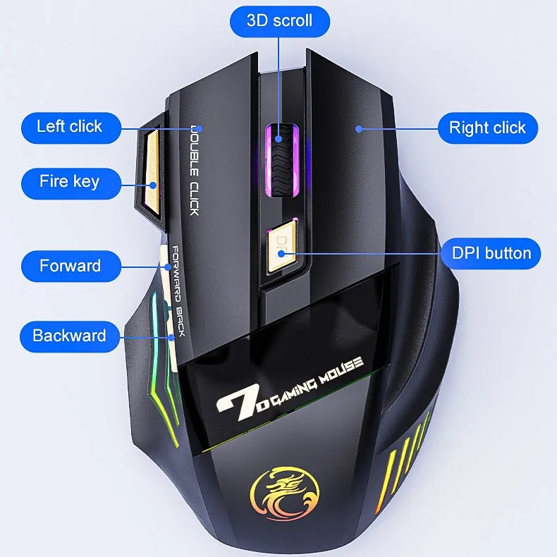 2.4GHz & Bluetooth 5.1 Wireless Mute Gaming Mouse with RGB Backlight & Fire Button for Win / Mac