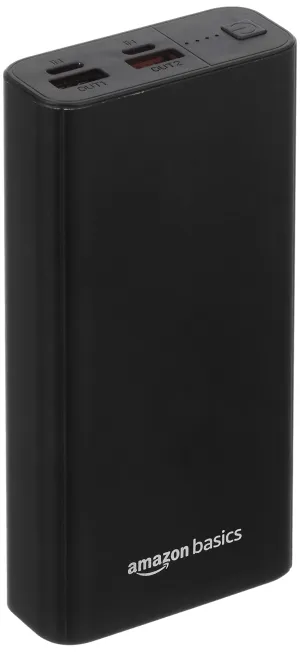 Amazon Basics 20000Mah Lithium Polymer 18W Fast Charging Power Bank | Triple Output (Type C, 2 USB) and Dual Input (Type C, Micro USB) Ports | Metallic Body, Black