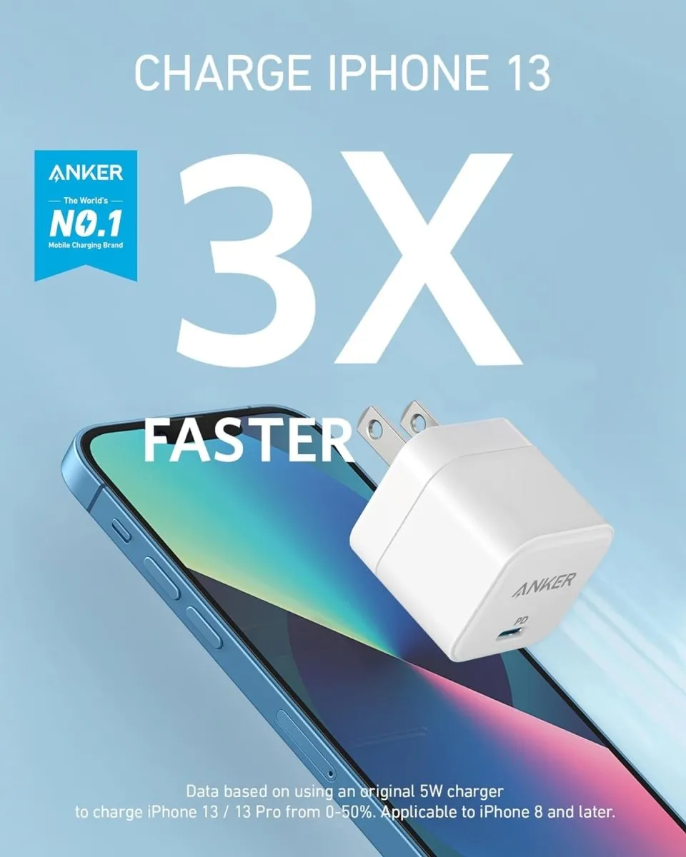 Anker USB C Charger, 20W Fast Charger with Foldable Plug, PowerPort III 20W Cube Charger for iPhone 14,13,12 Charging Cable is not included