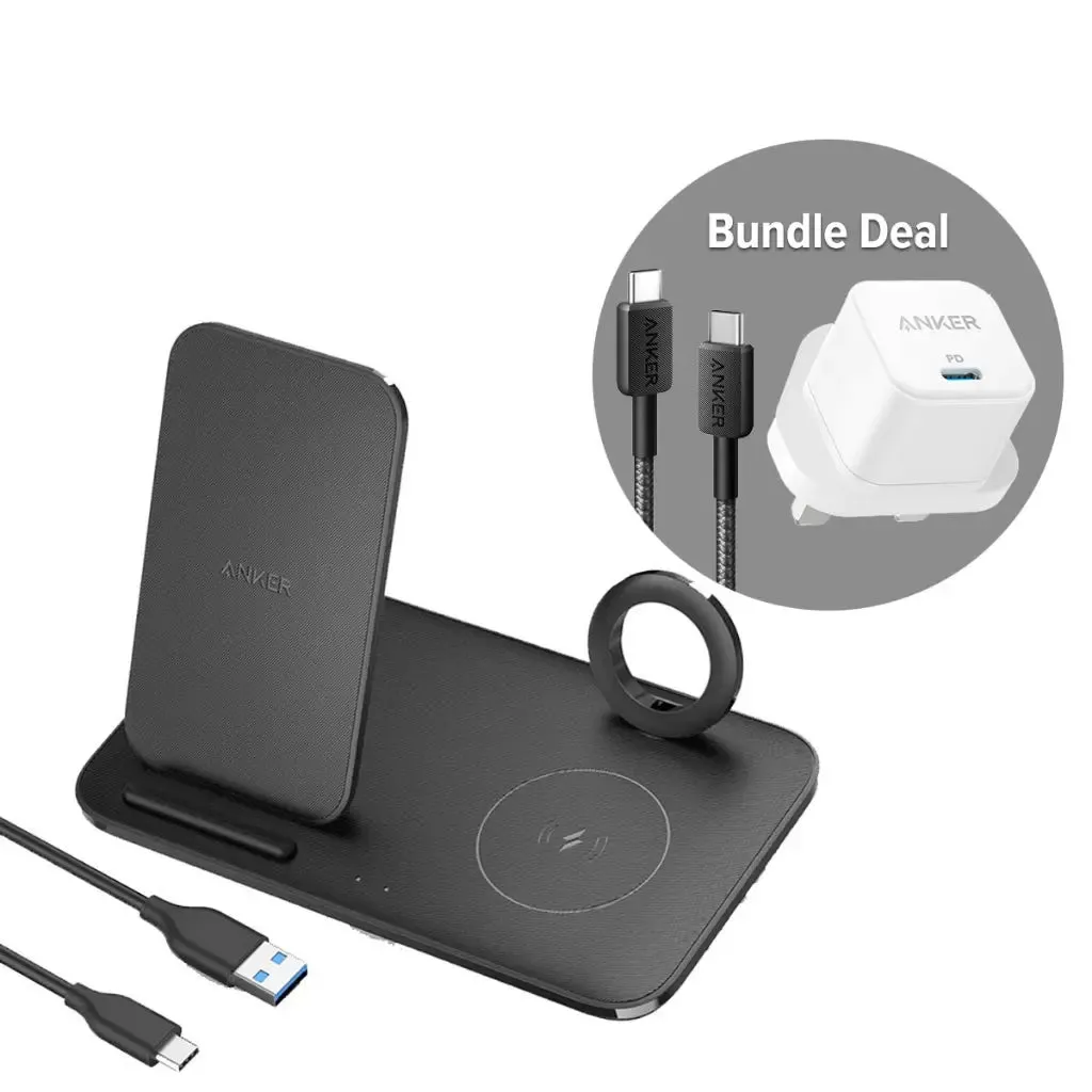 [Bundle Deal] Anker PowerWave 3 in 1 Qi-Certified Stand Wireless Charger with 312 Charger 20W and 322 USB-C Cable