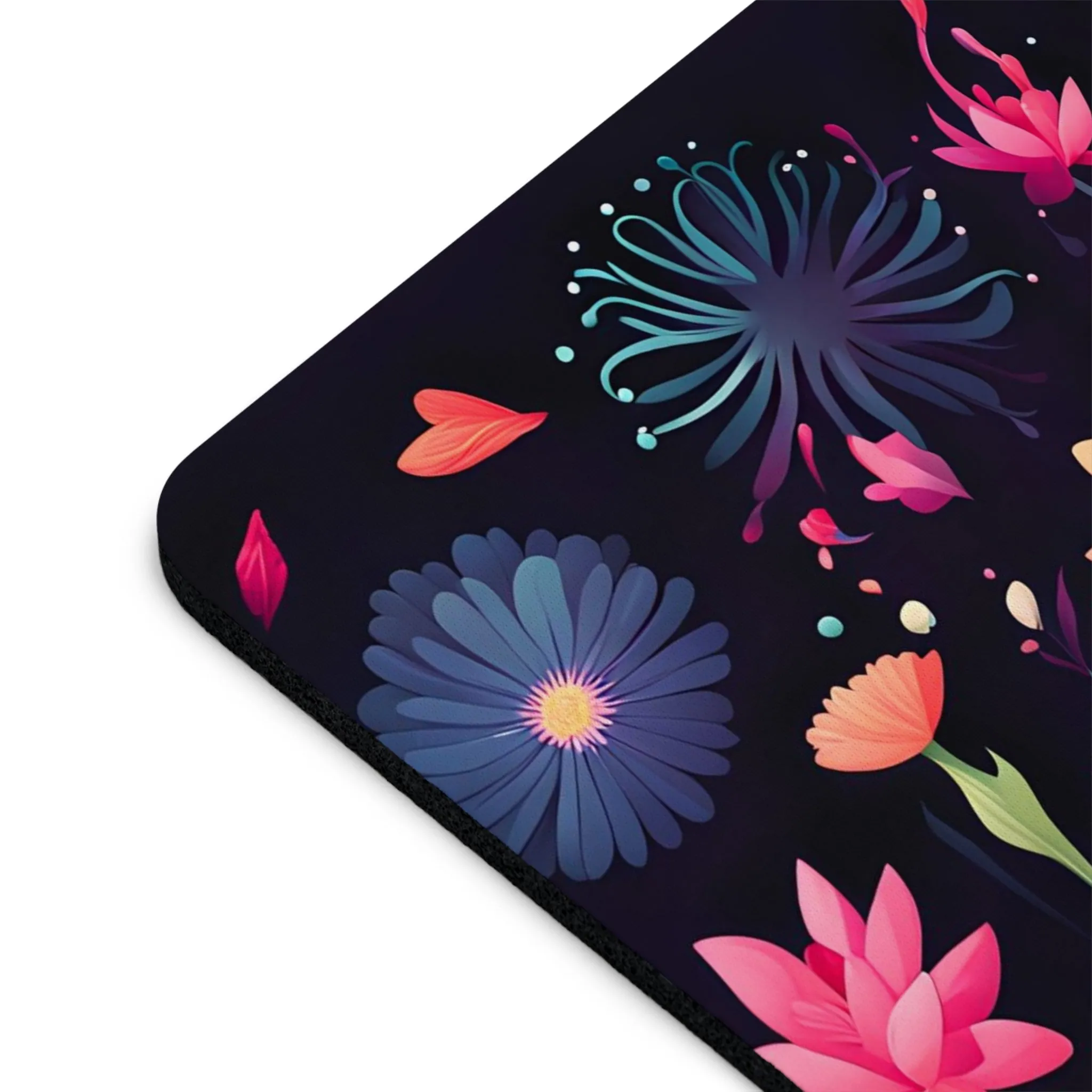 Colorful Flowers on Black, Computer Mouse Pad - for Home or Office