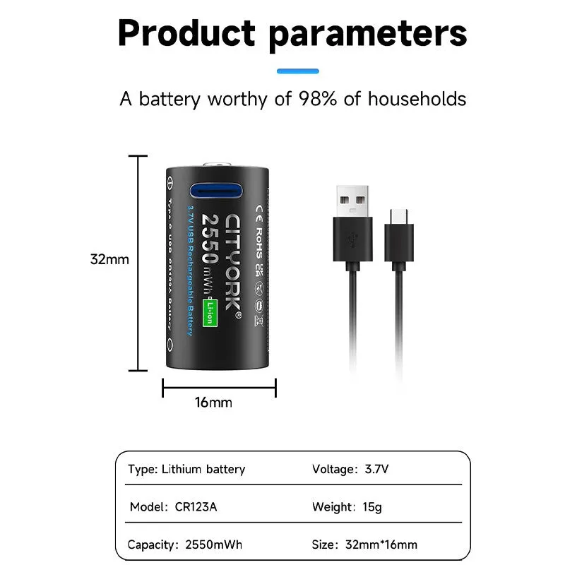 CR123A Rechargeable Battery Pack  Type-C Cable