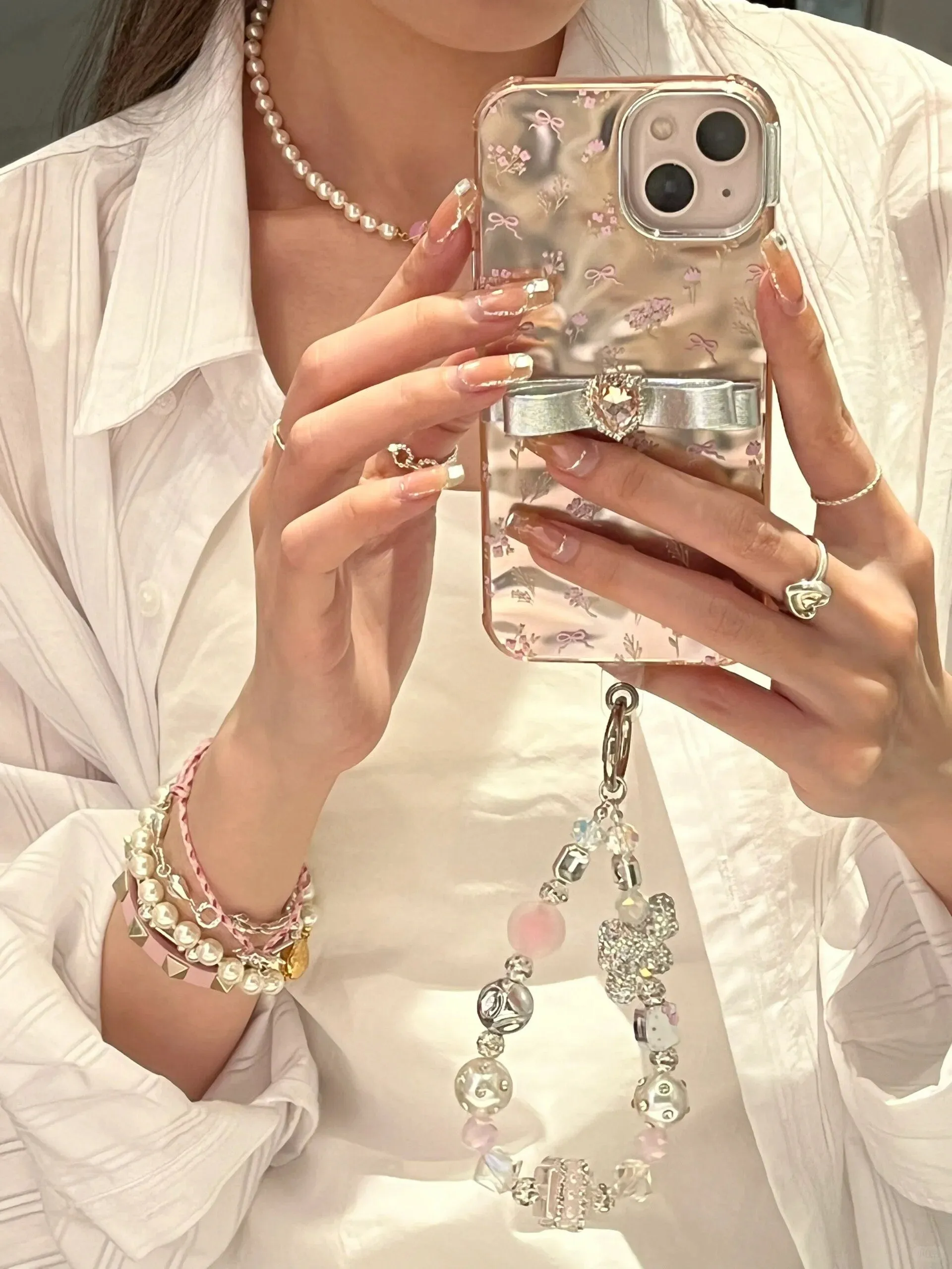 Cute Electroplated Light Pink Floral Ribbon Print Design   Bling Chain Hand Strap Protective iPhone Case for iPhone 11 12 13 14 15 Pro Max