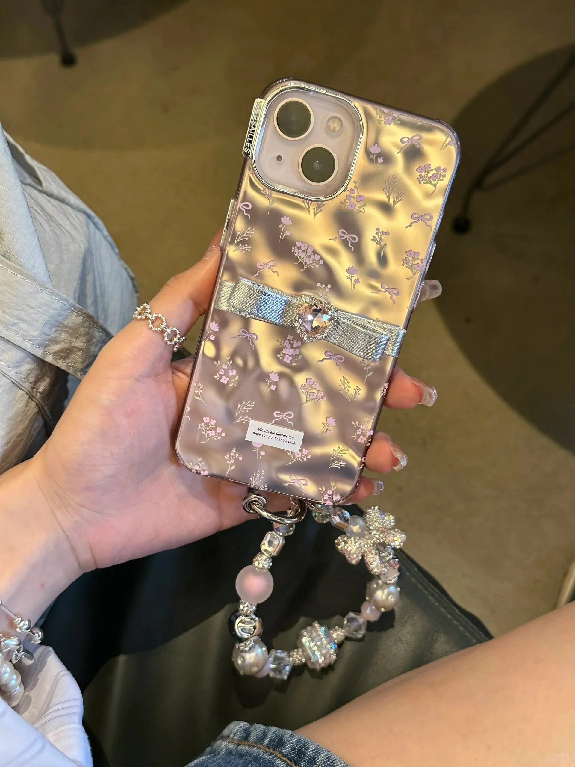 Cute Electroplated Light Pink Floral Ribbon Print Design   Bling Chain Hand Strap Protective iPhone Case for iPhone 11 12 13 14 15 Pro Max