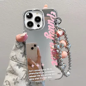 Cute Electroplated Mirror Inspirational Words   Silver Pearl Strap Protective Shockproof Phone Case for iPhone 11 12 13 14 15 Pro Max Case