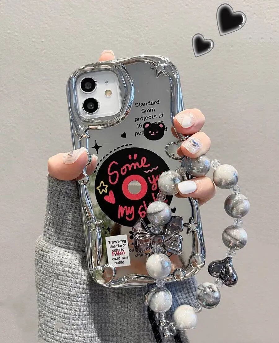 Cute Electroplated Silver Black Disc Design with Beaded Pearl Hand Strap Protective Shockproof iPhone Case for iPhone 11 12 13 14 15 Pro Max