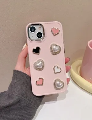 Cute Kawaii Simple Solid Pink Decoden Studded Hearts Pearls Design Protective Shockproof iPhone Case for iPhone 11 12 13 14 15 Pro Max Case