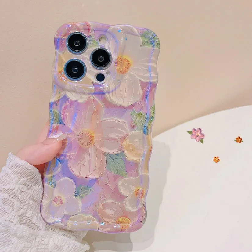 Cute Trendy Blue Ray Purple Oil Painting Flowers Design   Hand Strap Protective Shockproof Phone Case for iPhone 11 12 13 14 15 Pro Max Case