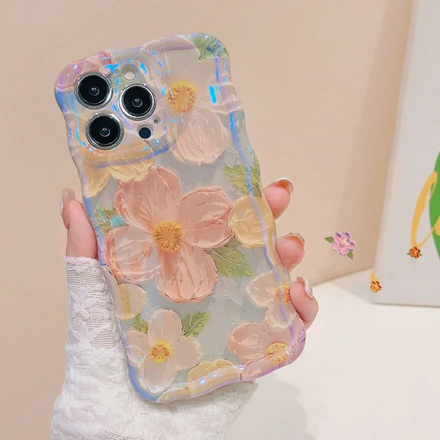 Cute Trendy Blue Ray Purple Oil Painting Flowers Design   Hand Strap Protective Shockproof Phone Case for iPhone 11 12 13 14 15 Pro Max Case