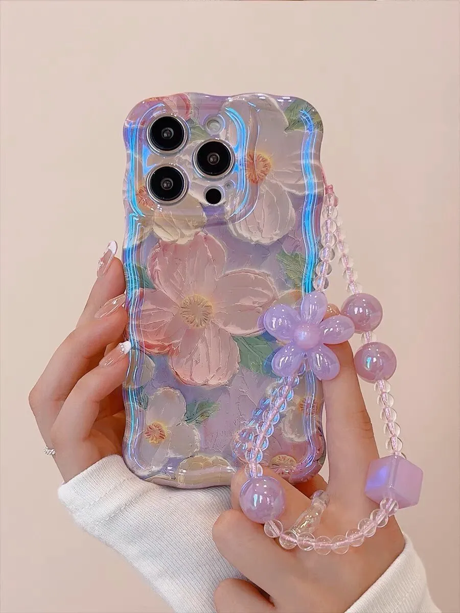 Cute Trendy Blue Ray Purple Oil Painting Flowers Design   Hand Strap Protective Shockproof Phone Case for iPhone 11 12 13 14 15 Pro Max Case