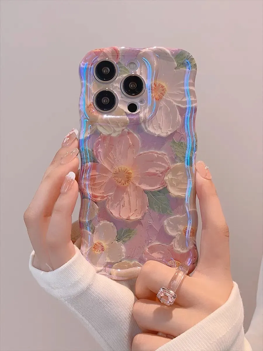 Cute Trendy Blue Ray Purple Oil Painting Flowers Design   Hand Strap Protective Shockproof Phone Case for iPhone 11 12 13 14 15 Pro Max Case