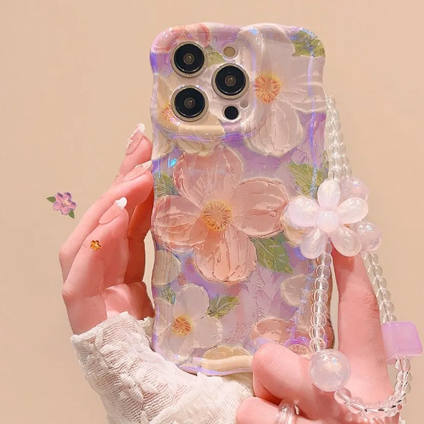 Cute Trendy Blue Ray Purple Oil Painting Flowers Design   Hand Strap Protective Shockproof Phone Case for iPhone 11 12 13 14 15 Pro Max Case