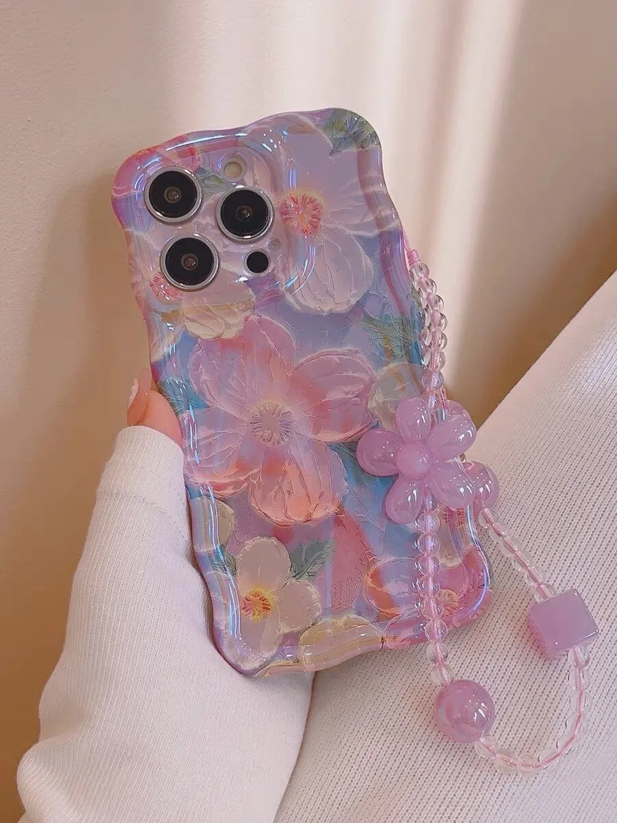 Cute Trendy Blue Ray Purple Oil Painting Flowers Design   Hand Strap Protective Shockproof Phone Case for iPhone 11 12 13 14 15 Pro Max Case