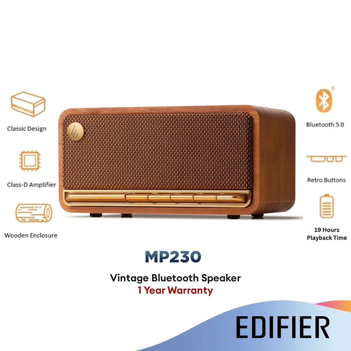 Edifier MP230 - Vintage Bluetooth Speaker | Bluetooth 5.0 | 20RMS | Piano Key Button | 16H Playback | AUX Sound Card TF