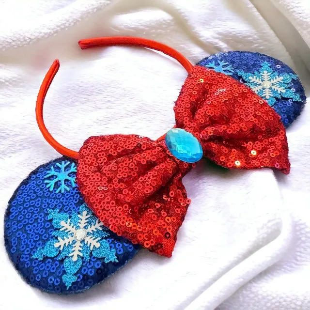 Frozen Inspired Mouse Ears Headband with Blue Sequin Bow - Elsa & Anna Design