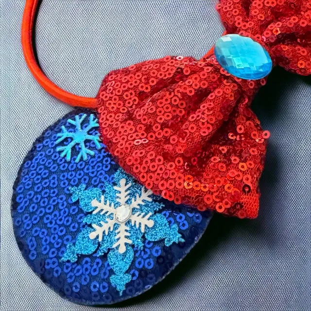 Frozen Inspired Mouse Ears Headband with Blue Sequin Bow - Elsa & Anna Design