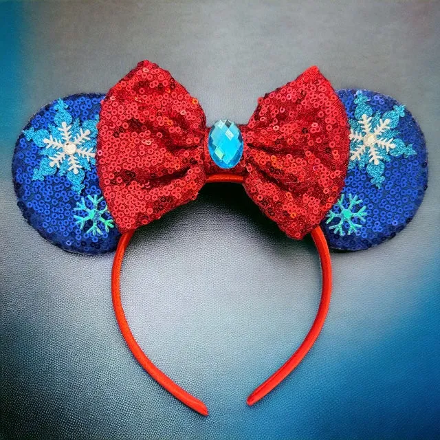 Frozen Inspired Mouse Ears Headband with Blue Sequin Bow - Elsa & Anna Design