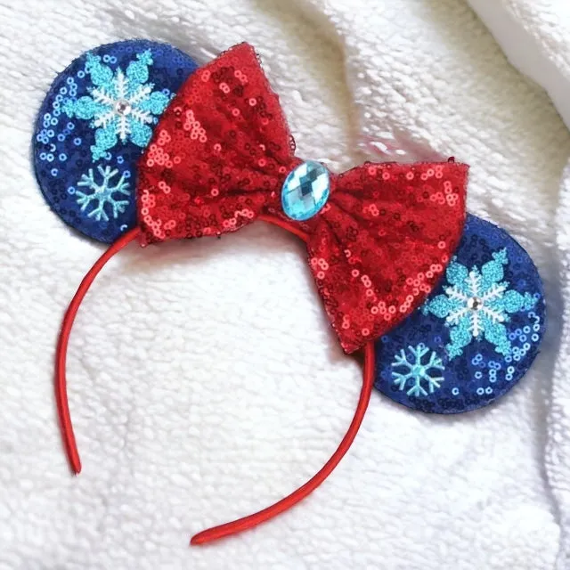 Frozen Inspired Mouse Ears Headband with Blue Sequin Bow - Elsa & Anna Design