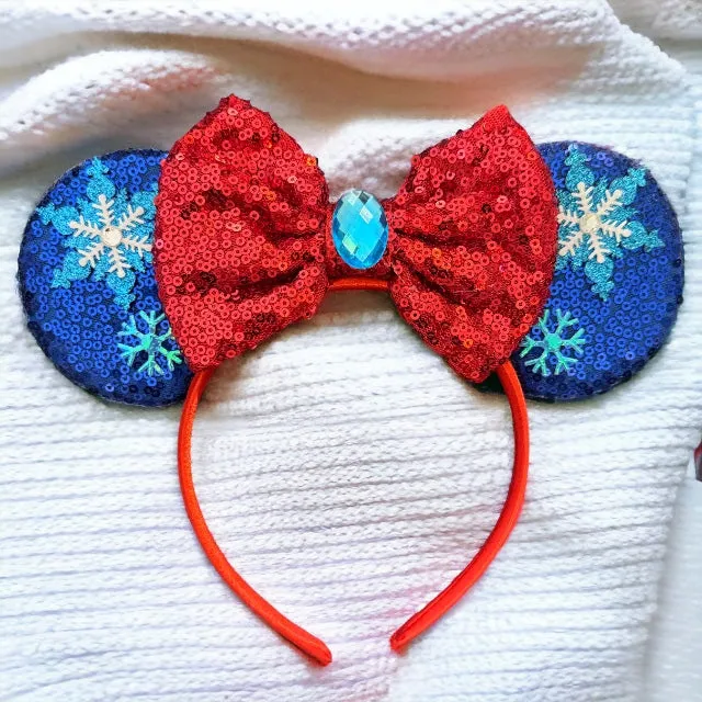 Frozen Inspired Mouse Ears Headband with Blue Sequin Bow - Elsa & Anna Design