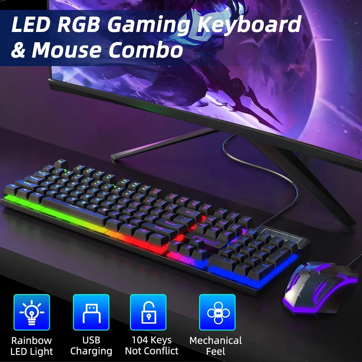 Gaming Keyboard & Mouse, 104 Keys Rainbow LED RGB Backlit Quiet Computer Keyboard, Multimedia Keys, 26 Anti-Ghosting Keys, Waterproof Light up USB Wired Keyboard for PC Gamers Desktop Computer Laptop