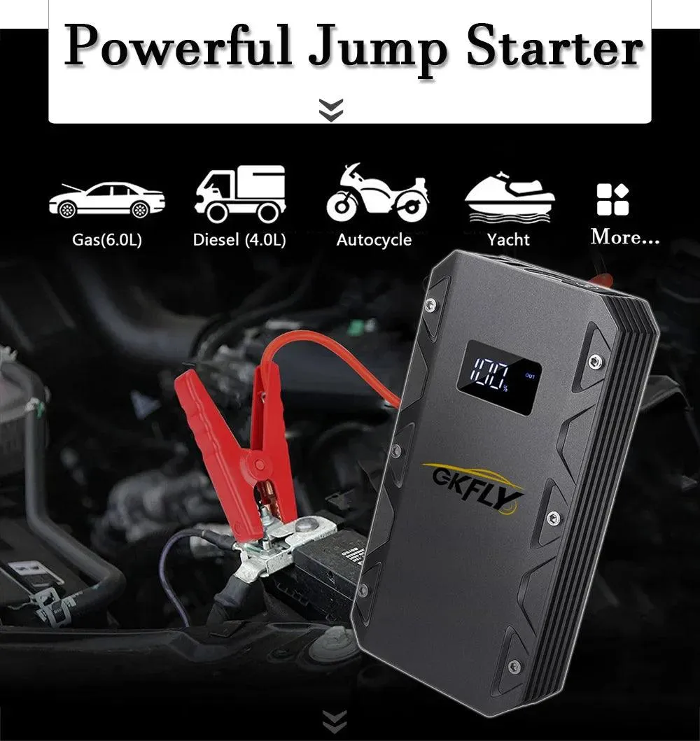 GKFLY Ultra-Power Car Jump Starter: 1500A/2000A/3000A Battery Booster with Emergency SOS Light and Power Bank Function