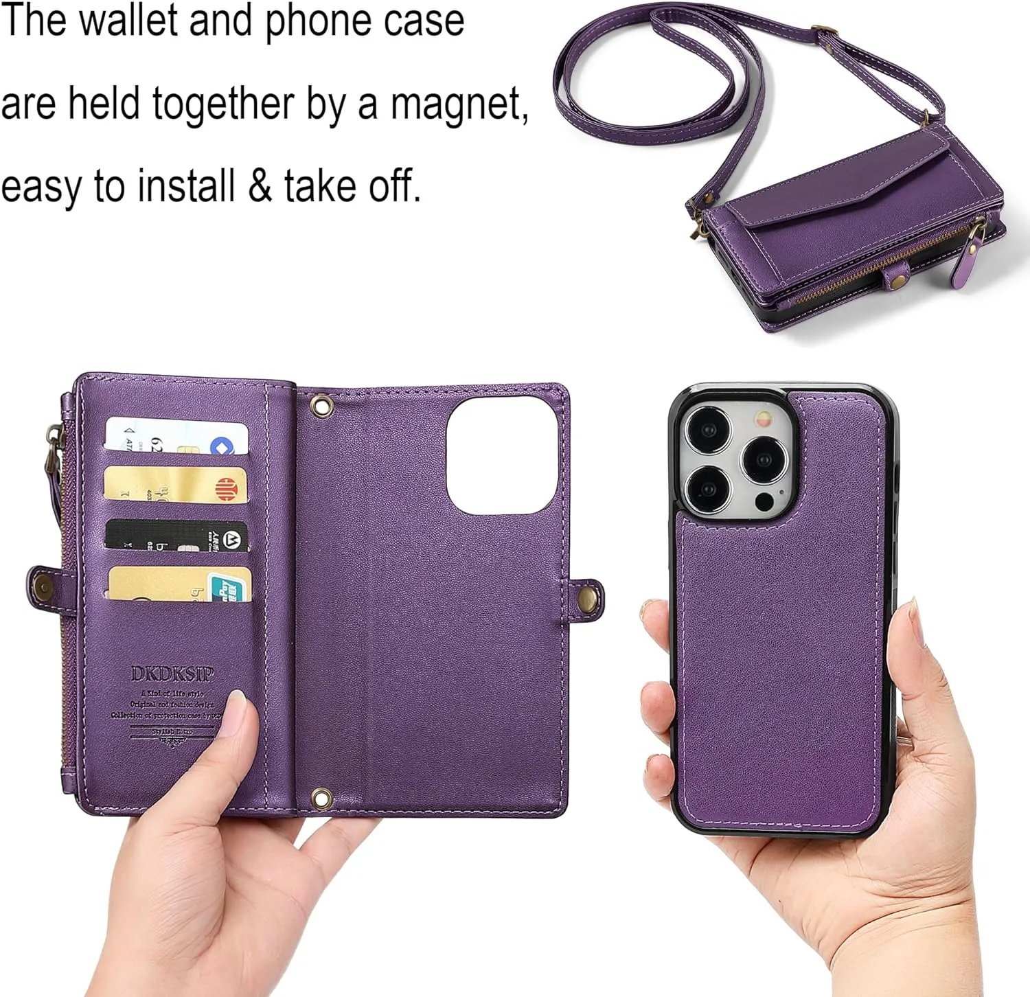 i Phone 16 Pro Max Wallet Case Support Wireless Charging Phone Case Crossbody Strap Purple