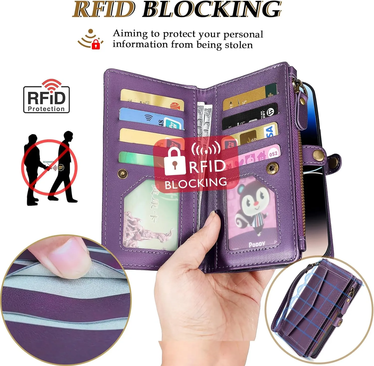 i Phone 16 Pro Max Wallet Case Support Wireless Charging Phone Case Crossbody Strap Purple