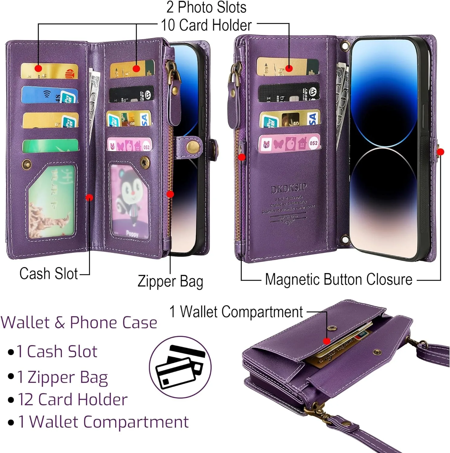 i Phone 16 Pro Max Wallet Case Support Wireless Charging Phone Case Crossbody Strap Purple