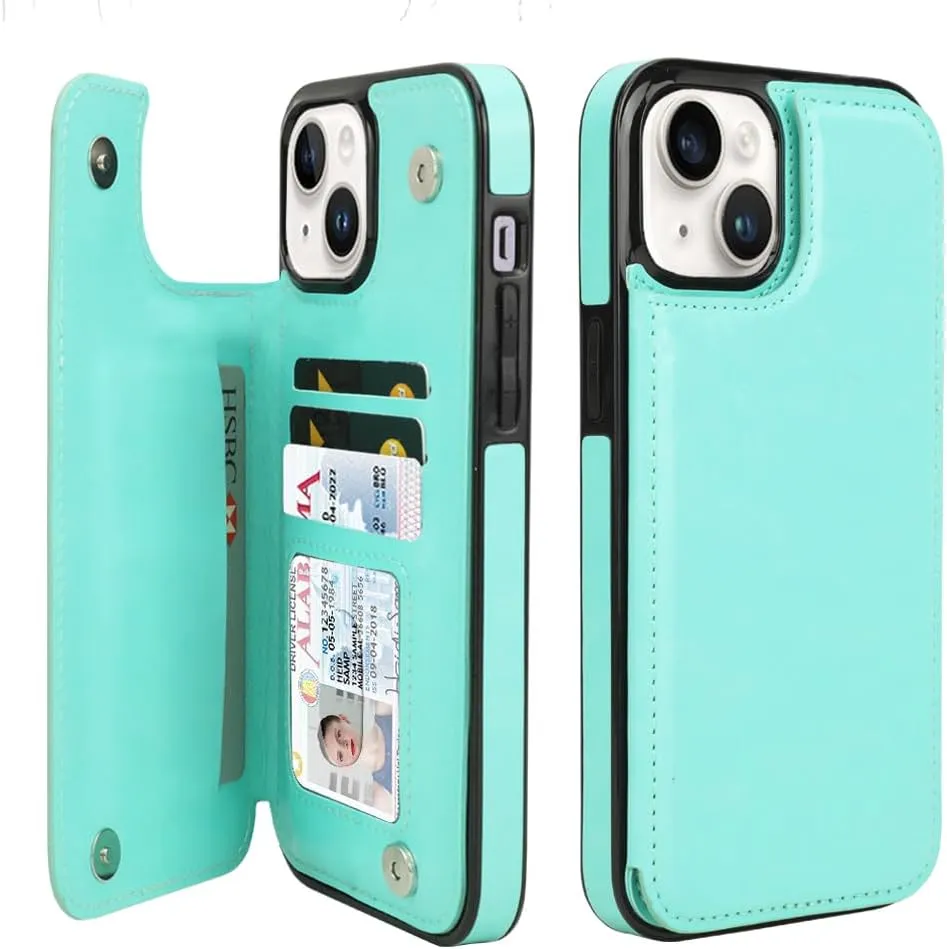 iPhone 15 Plus Wallet Case Card Holder Slot Folio Flip PU Leather Kickstand Double Magnetic Clasp