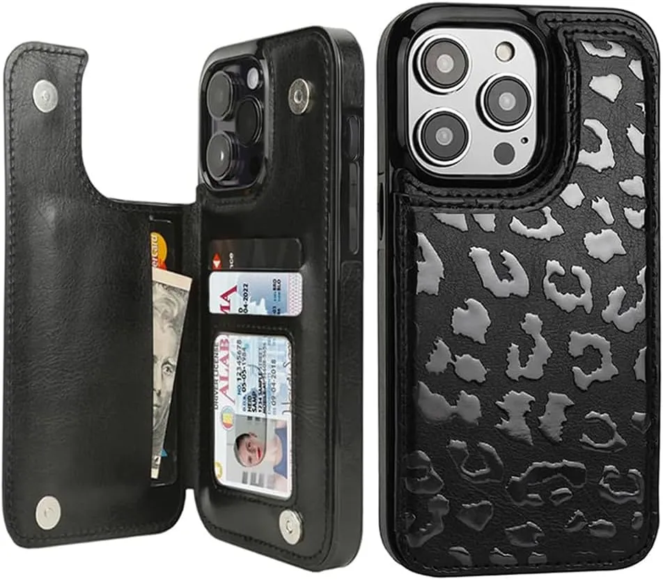 iPhone 15 Plus Wallet Case Card Holder Slot Folio Flip PU Leather Kickstand Double Magnetic Clasp