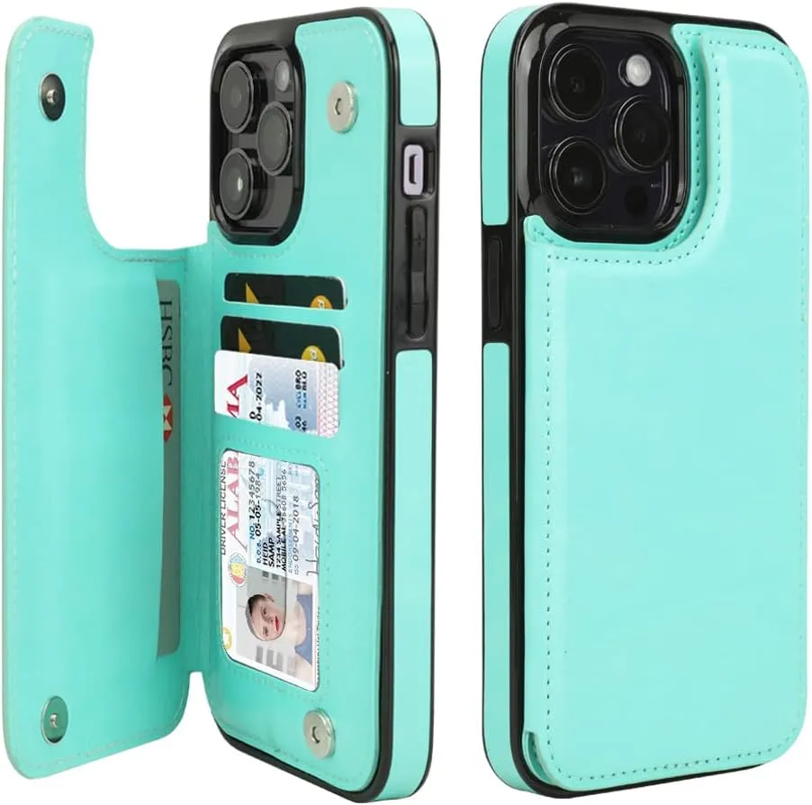 iPhone 15 Plus Wallet Case Card Holder Slot Folio Flip PU Leather Kickstand Double Magnetic Clasp