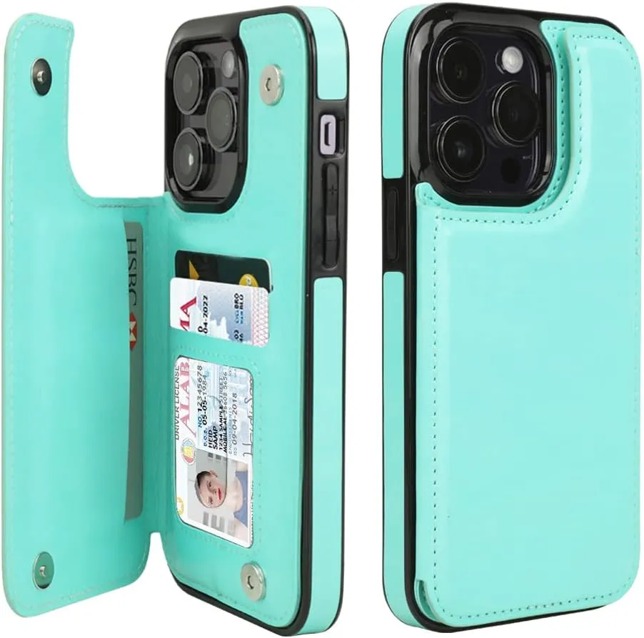 iPhone 15 Plus Wallet Case Card Holder Slot Folio Flip PU Leather Kickstand Double Magnetic Clasp