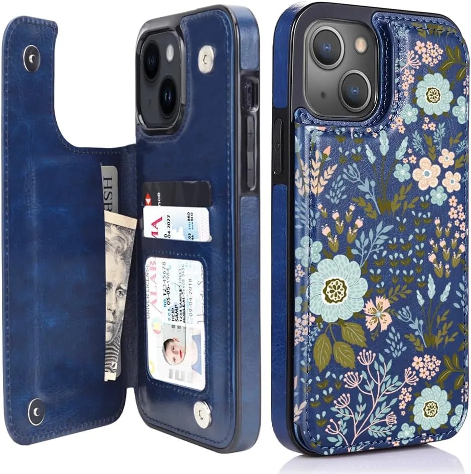 iPhone 15 Plus Wallet Case Card Holder Slot Folio Flip PU Leather Kickstand Double Magnetic Clasp